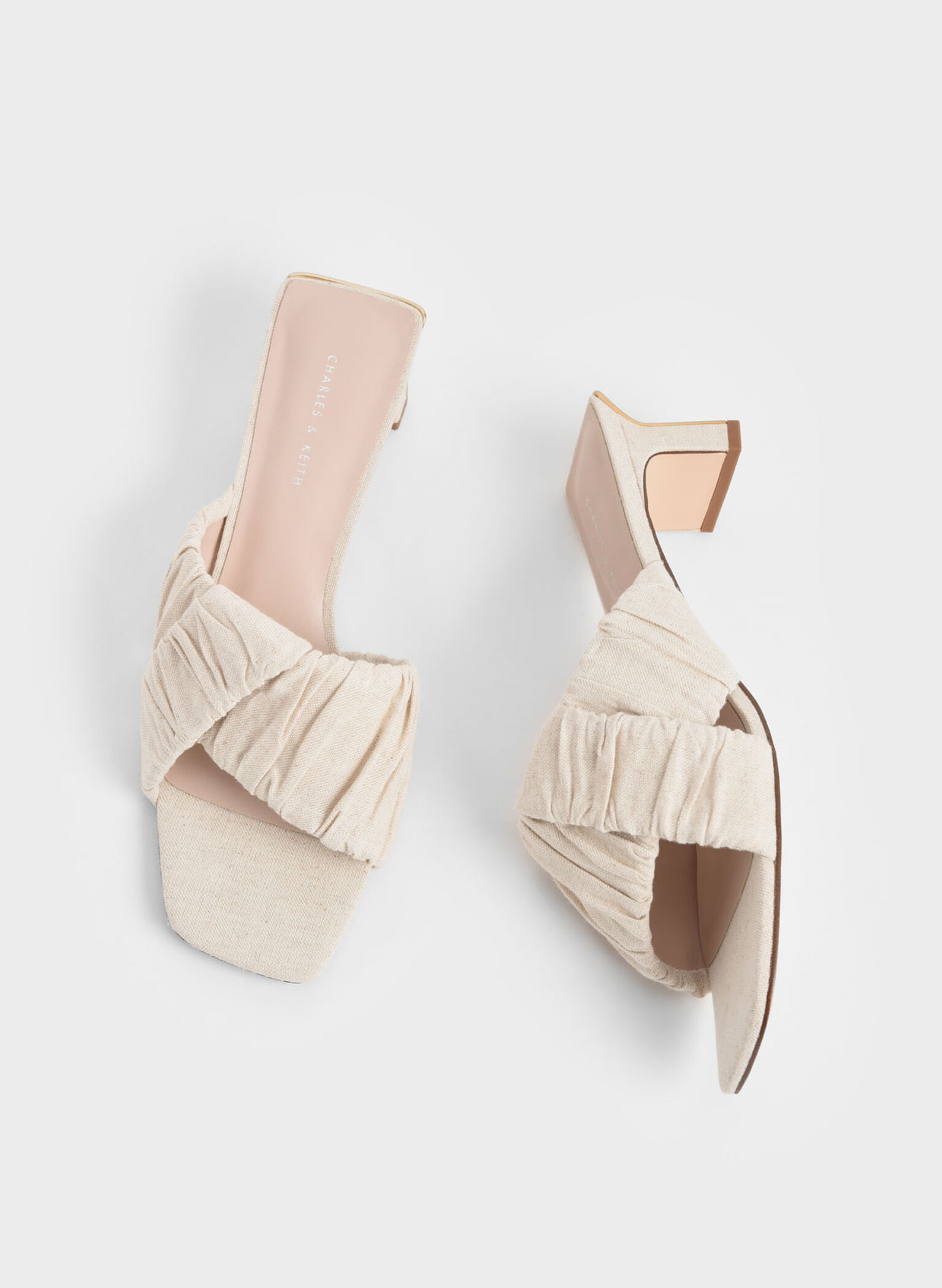 Linen Asymmetric Ruched Mules, Chalk, hi-res