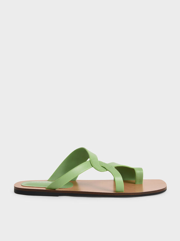 Toe-Ring Strappy Slide Sandals, Green, hi-res