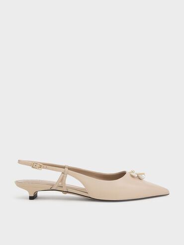 Leather Pearl-Embellished Slingback Pumps, Beige, hi-res