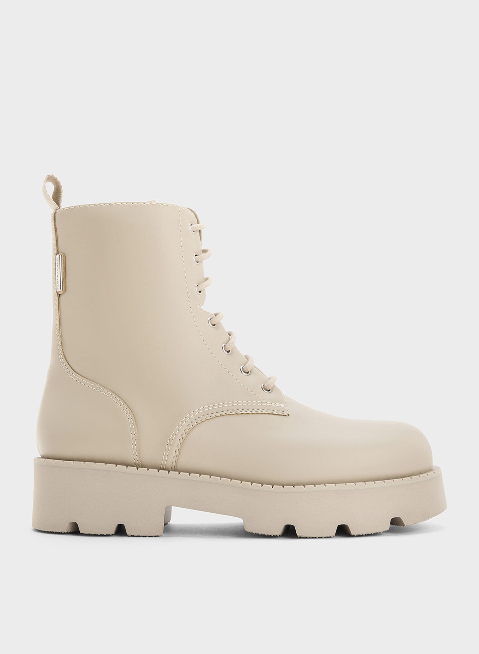 Ridged-Sole Lace-Up Combat Boots, Beige, hi-res