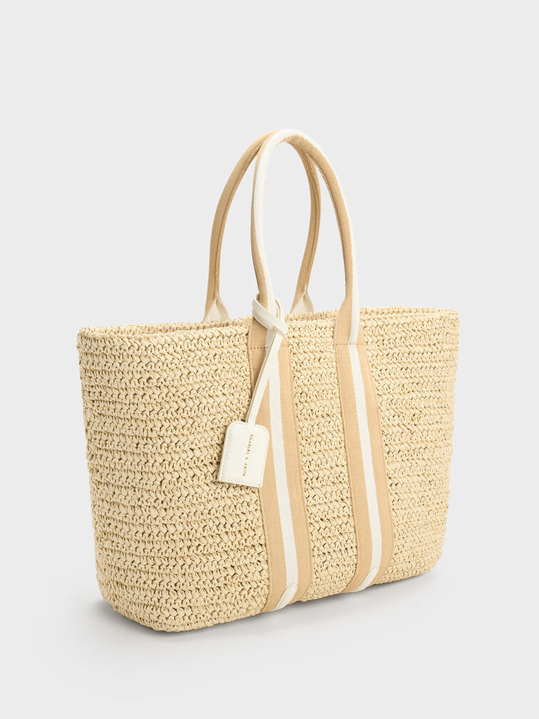 Striped Handles Raffia Tote Bag, White, hi-res