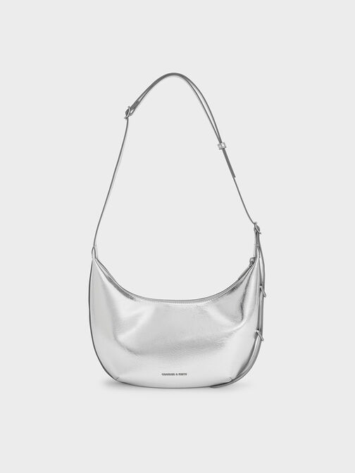 Bolso hobo curvo Bryna metalizado, Plateado, hi-res