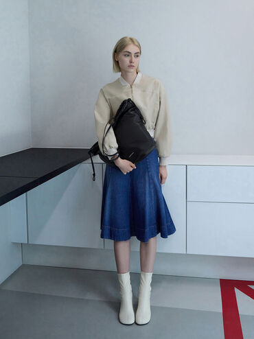 Sianna Ruched Drawstring Tote Bag, Black, hi-res