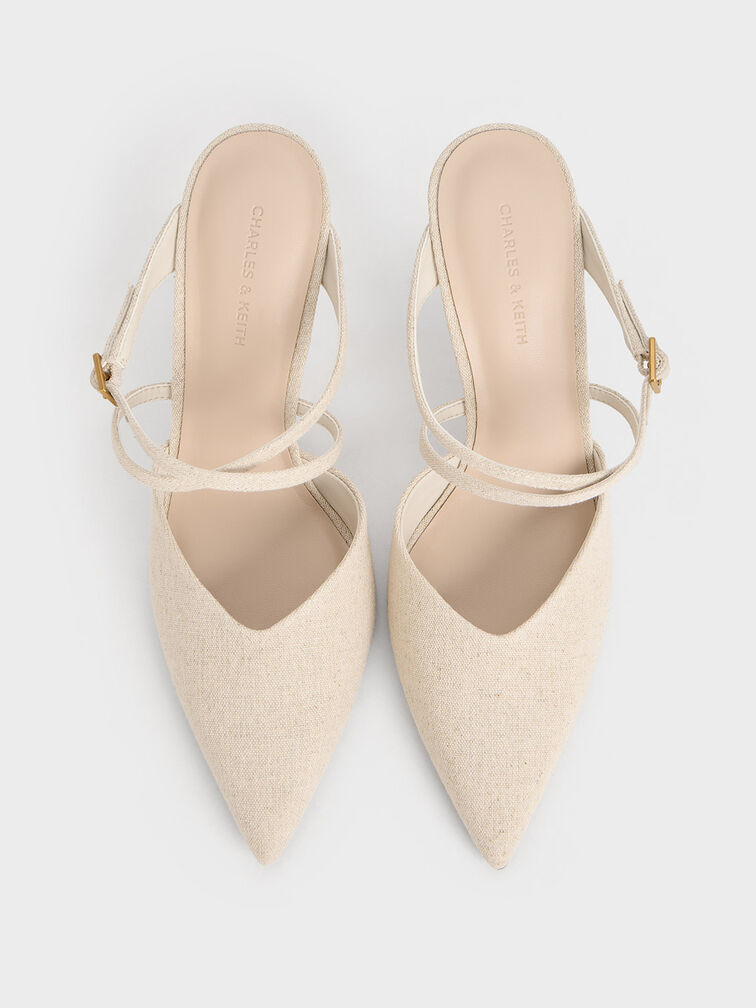 Linen Crossover-Strap Sculptural-Heel Wedges, Beige, hi-res