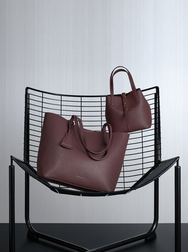 Beryl Recycled Leather Double-Handle Belted Bucket Bag, Wineberry Red, hi-res