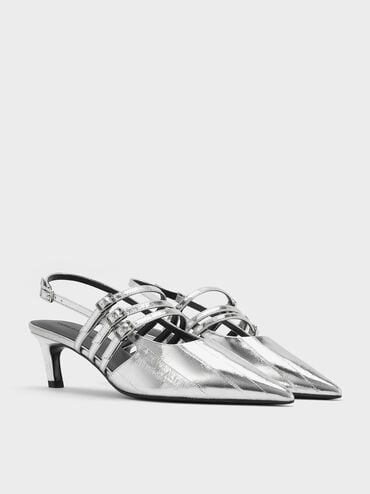 Metallic Triple-Strap Pointed-Toe Kitten-Heel Slingback Pumps, Silver, hi-res