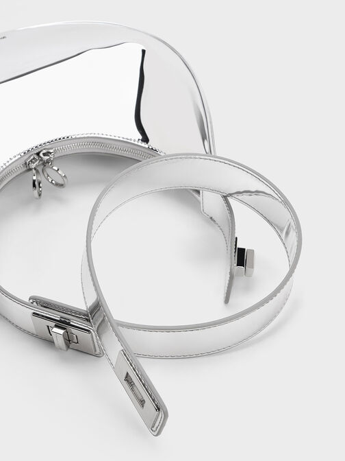 Metallic Crescent Hobo Bag, Silver, hi-res