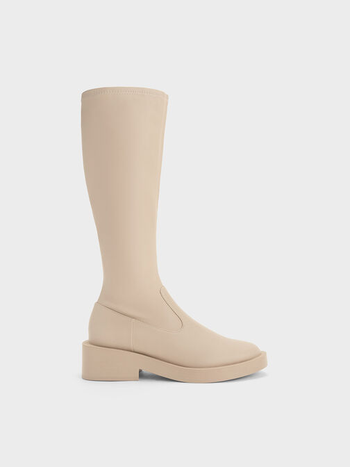 Botas a la rodilla con cremallera lateral, Beige, hi-res