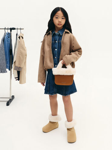 Girls' Wendy Faux Fur Tote Bag, Brown, hi-res