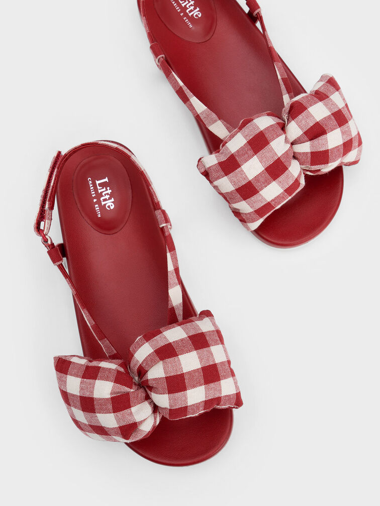 Girls' Checkered Puffy Bow Sandals, Red, hi-res