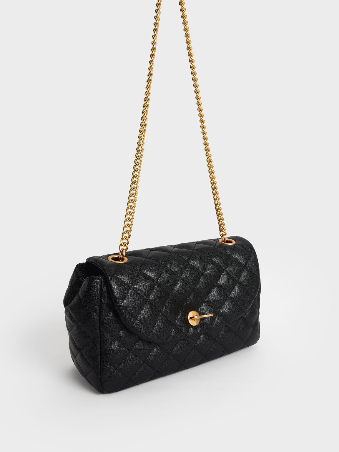 Chain Link Quilted Top Handle Bag, Black, hi-res