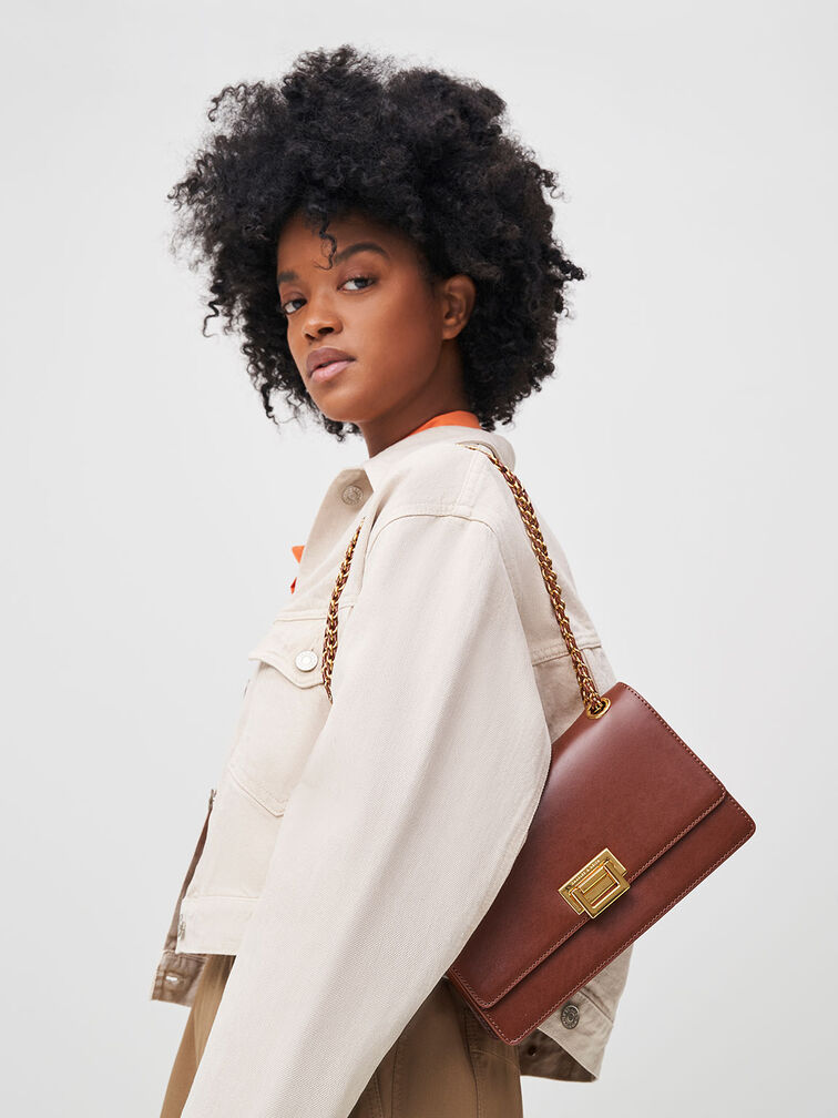 鍊條單肩背包, 巧克力, hi-res