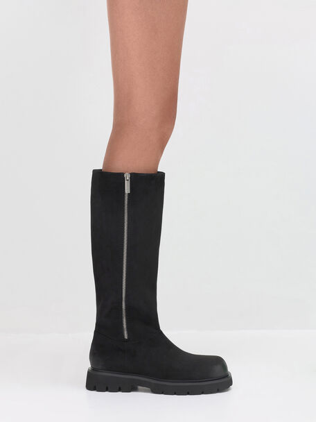 Botas hasta la rodilla Rosamond de antelina con cremallera lateral y suela estriada, Negro texturizado, hi-res