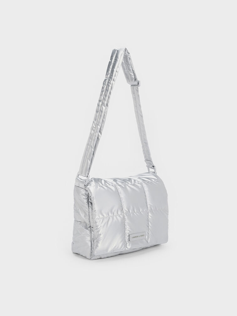 Mini Errya Nylon Quilted Puffy Crossbody Bag, Silver, hi-res