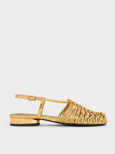 Metallic Woven Slingback Caged Sandals, Dorado, hi-res