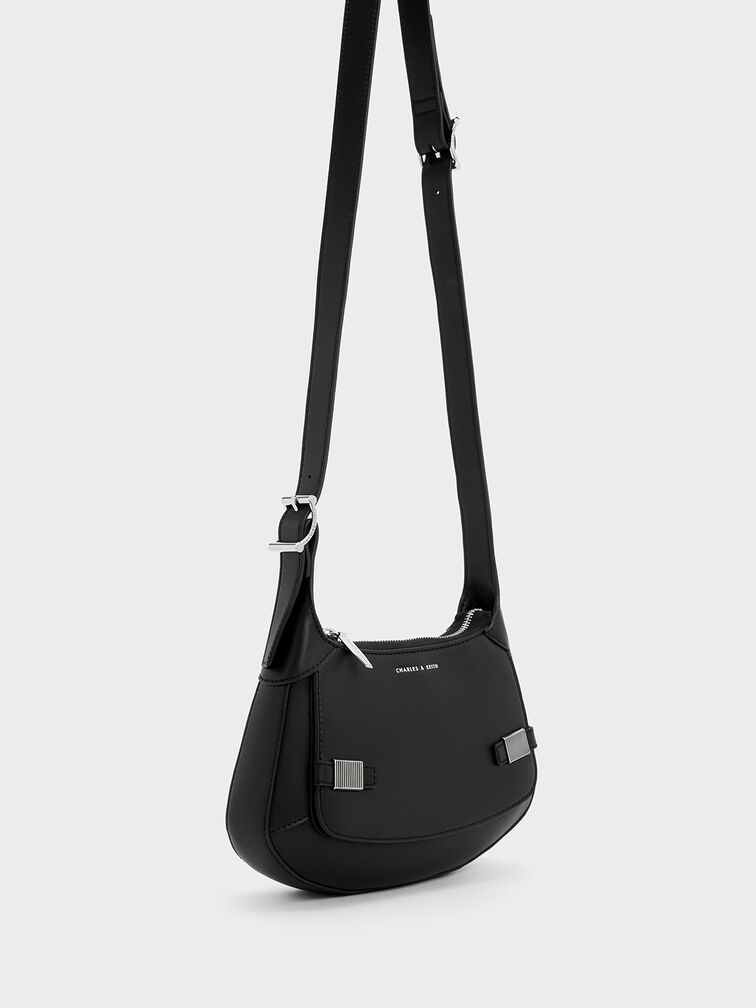 Bolso curvo con acento metálico, Negro, hi-res