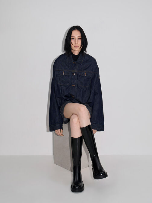 Zip-Up Chelsea Knee Boots, Black, hi-res