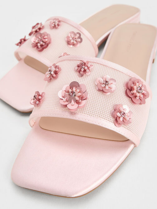 Sandalias de malla y satén con lentejuelas y flores, Rosa, hi-res