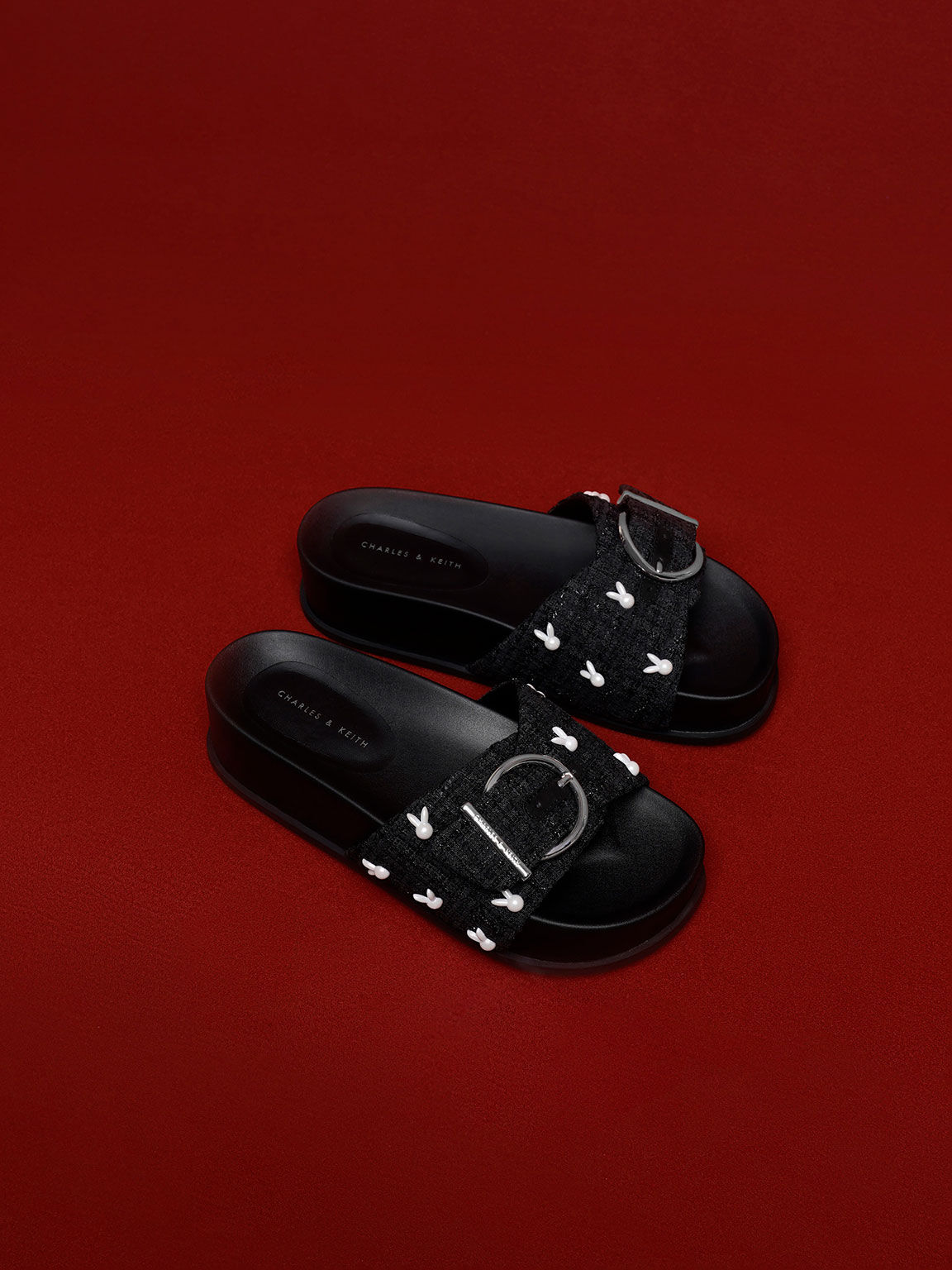 Bunny Tweed Buckled Slides, Black, hi-res