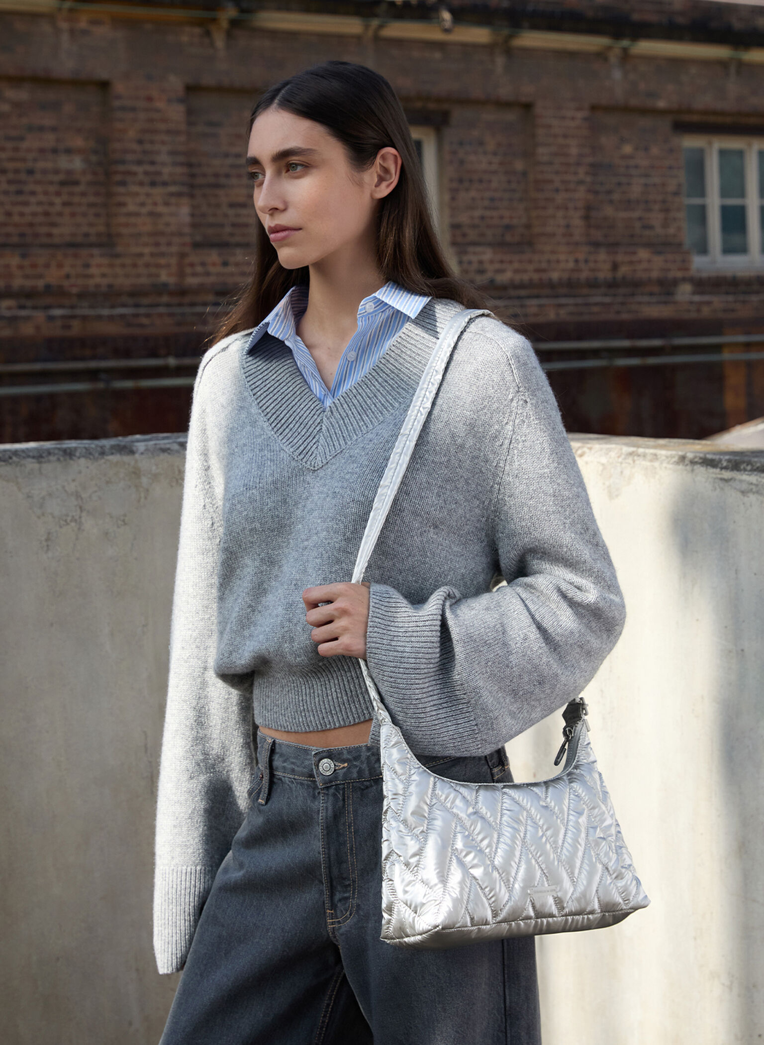 Nylon Chevron Shoulder Bag, Silver, hi-res