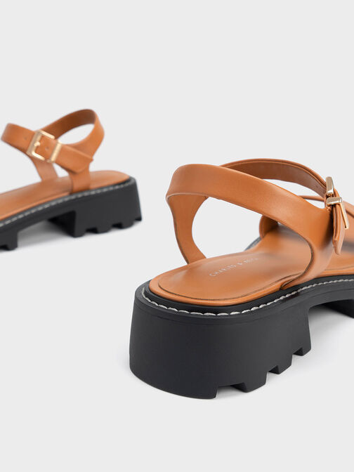 Stitch-Trim Buckled Sandals, Cognac, hi-res