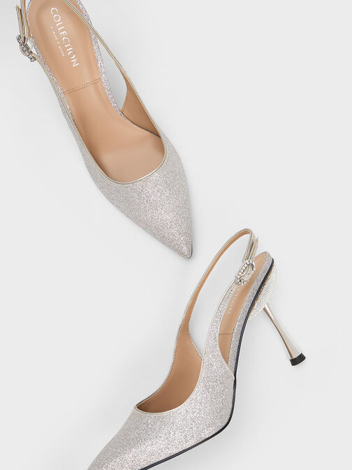 Demi Glittered Slingback Pumps, Silver, hi-res