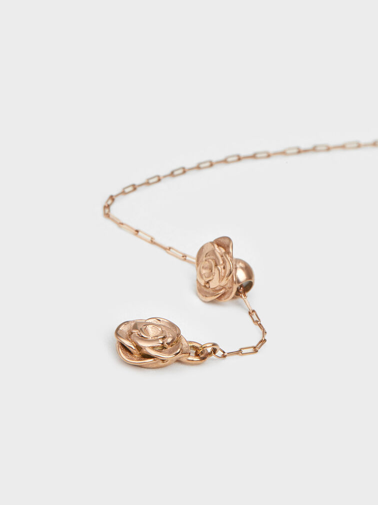 Brincos pendentes assimétricos com motivos florais Rosalind, Brushed Rose Gold, hi-res