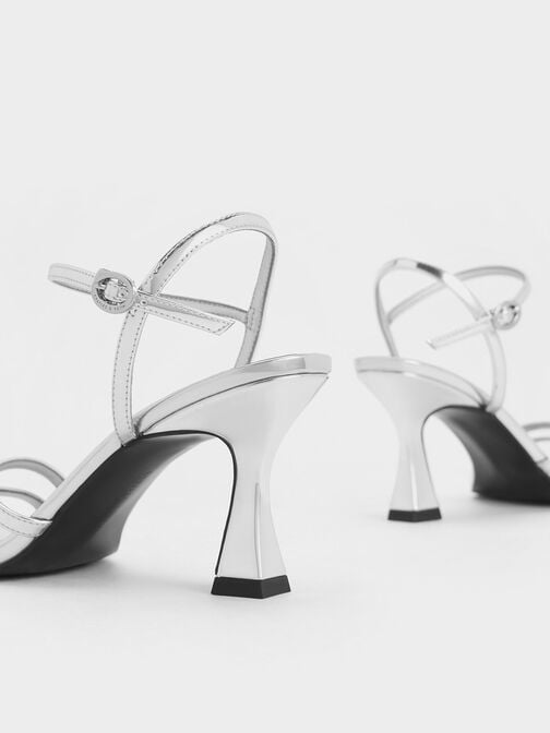 Metallic Strappy Trapeze Heel Sandals, Silver, hi-res