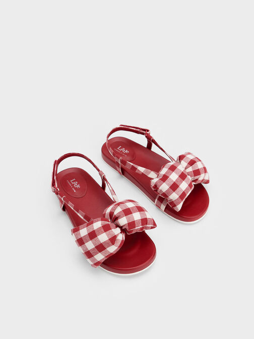 Girls' Checkered Puffy Bow Sandals, Red, hi-res