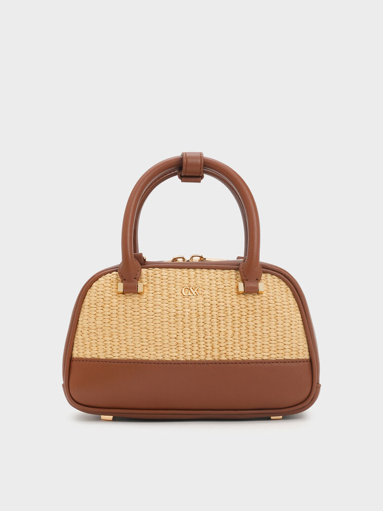 Leather & Raffia Bowling Bag, Rafia neutral, hi-res