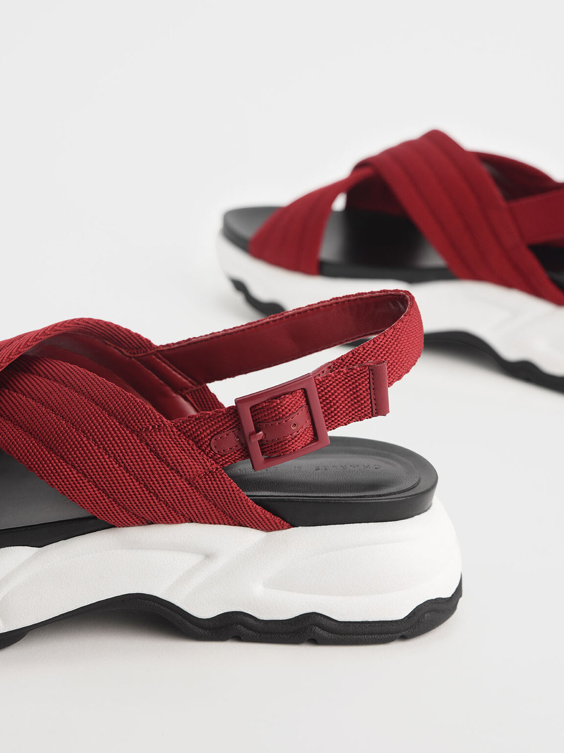 Nylon Criss Cross Chunky Platform Sandals, Red, hi-res