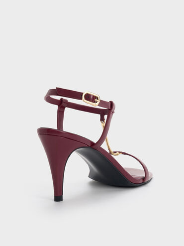 Chain-Strap Square-Toe Heeled Sandals, Burgundy, hi-res