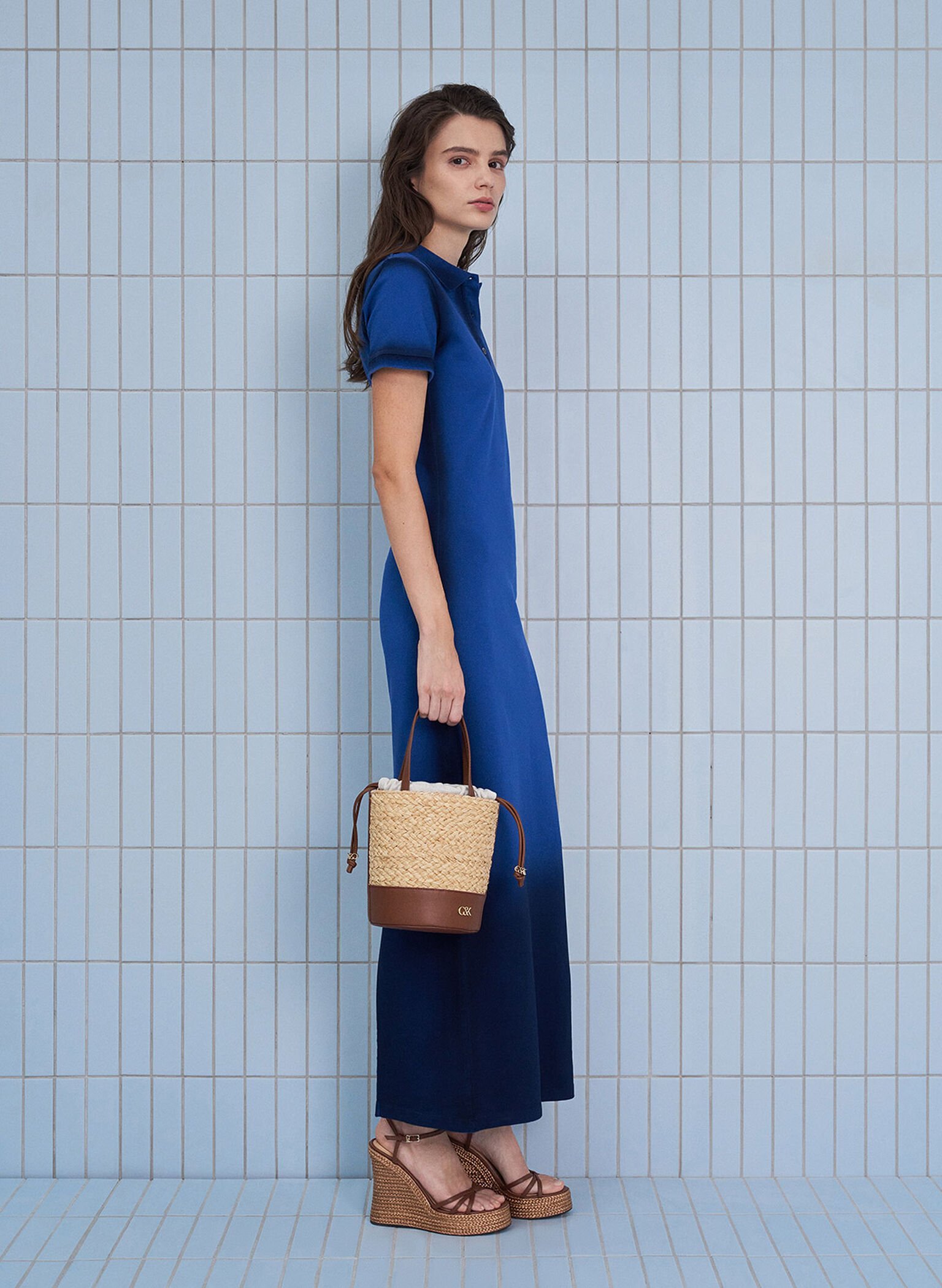 Leather & Raffia Bucket Bag, Brown, hi-res