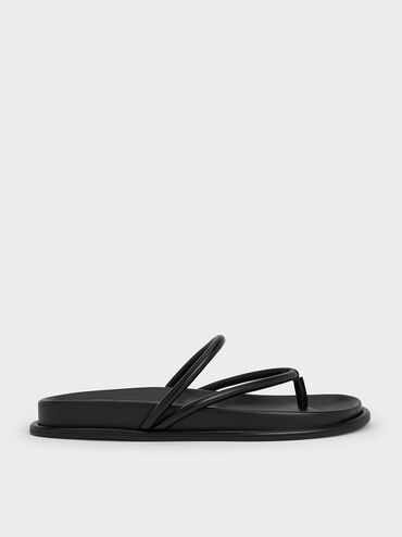 V-Strap Tubular Thong Sandals, Black, hi-res