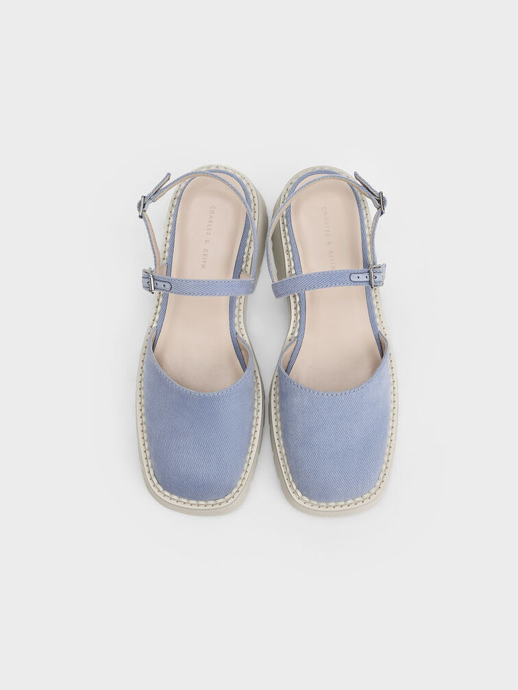 Cleated Sole Ankle-Strap Twill Shoes, Light Blue, hi-res
