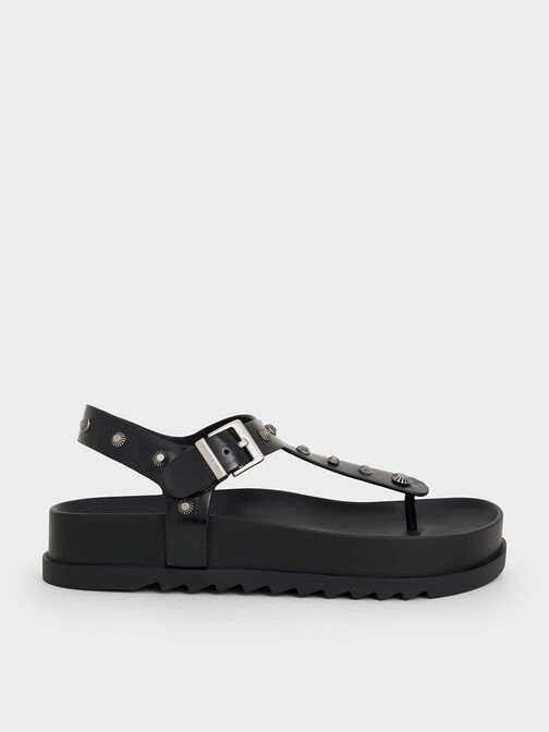 Studded Heart-Embellished Thong Sandals, Black, hi-res