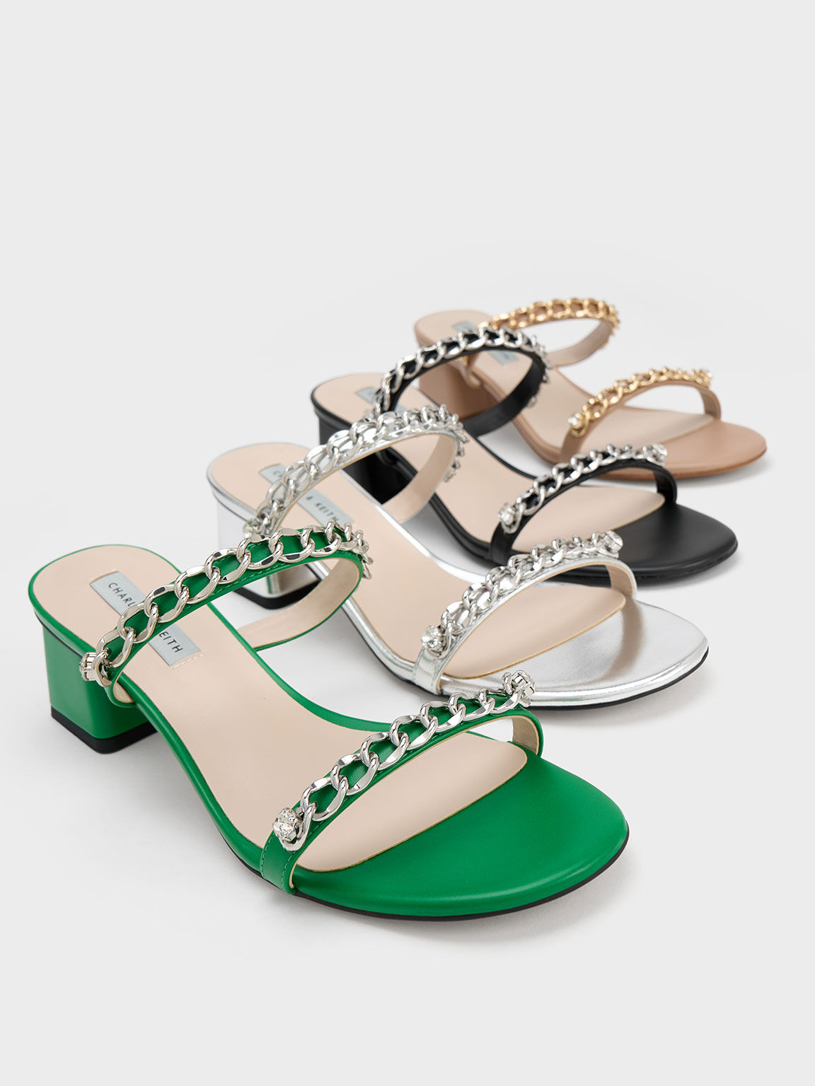 Chain-Link Block Heel Sandals, Green, hi-res
