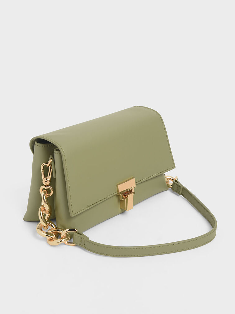 Leather Chain Strap Shoulder Bag, Sage Green, hi-res
