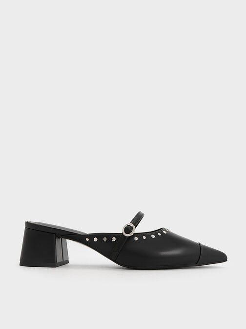 Studded Pointed-Toe Block Heel Mules, Black, hi-res