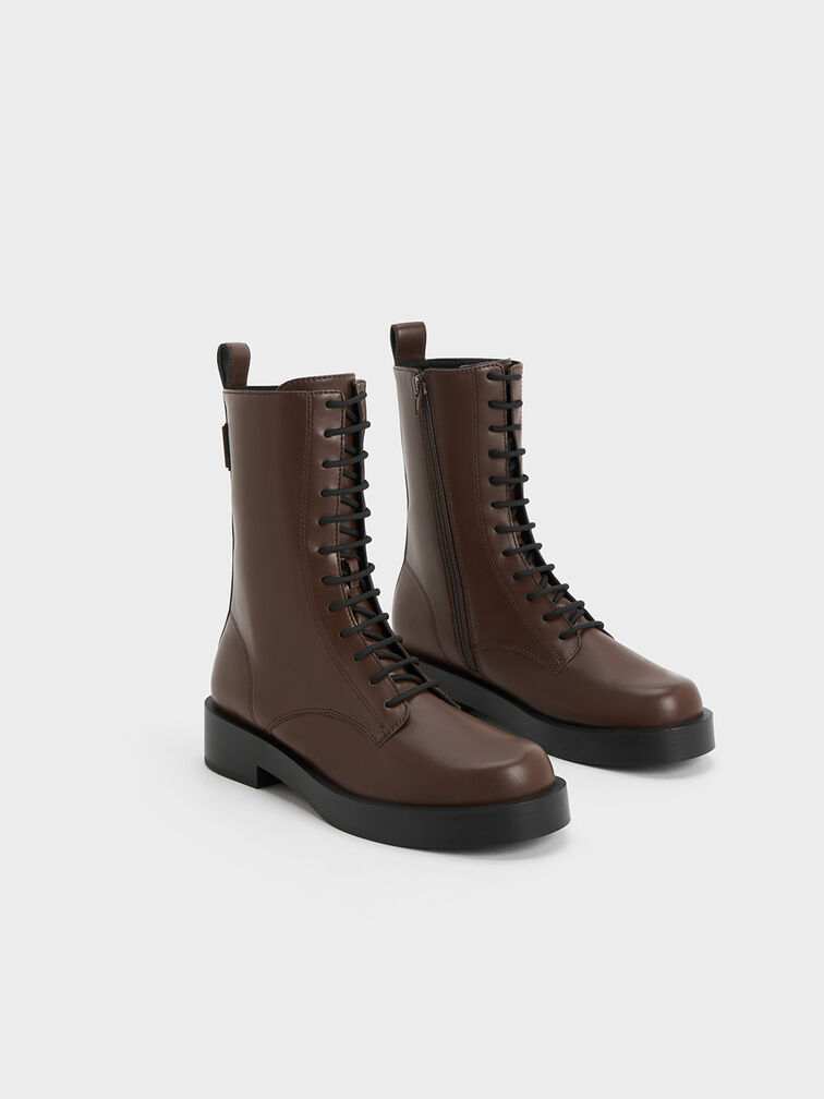 Lace-Up Calf Boots, Dark Brown, hi-res