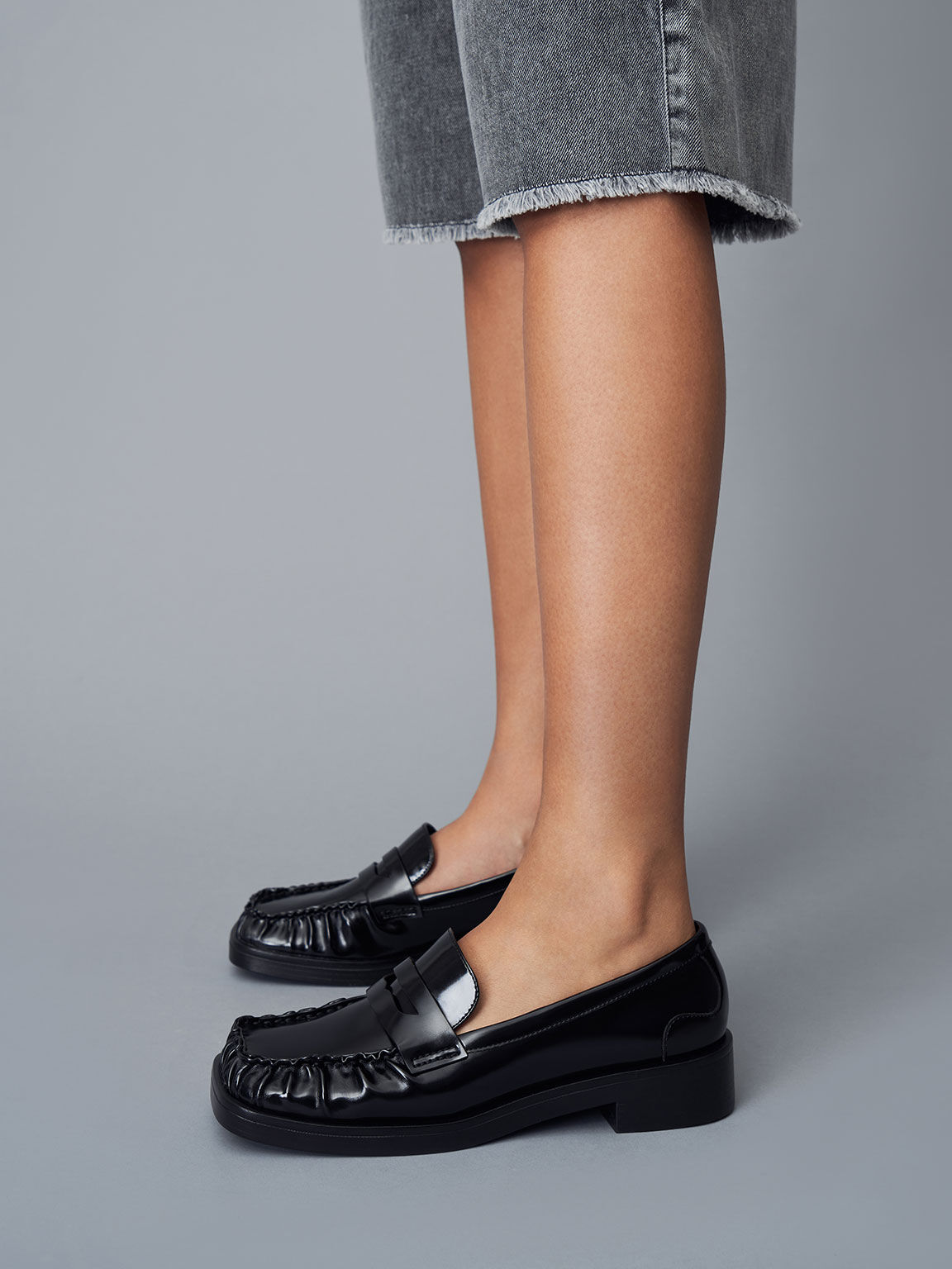 Mocasines fruncidos con punta cuadrada, Negro, hi-res