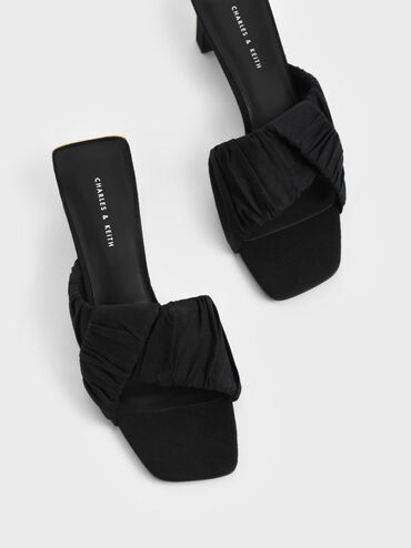 Linen Asymmetric Ruched Mules, Black, hi-res