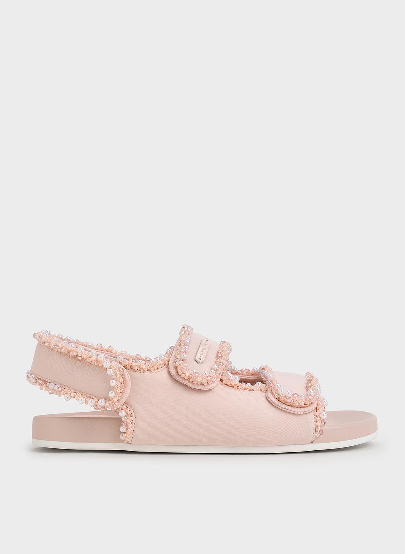 Girls' Elastane Pearl-Embellished Flatform Sandals, Light Pink, hi-res