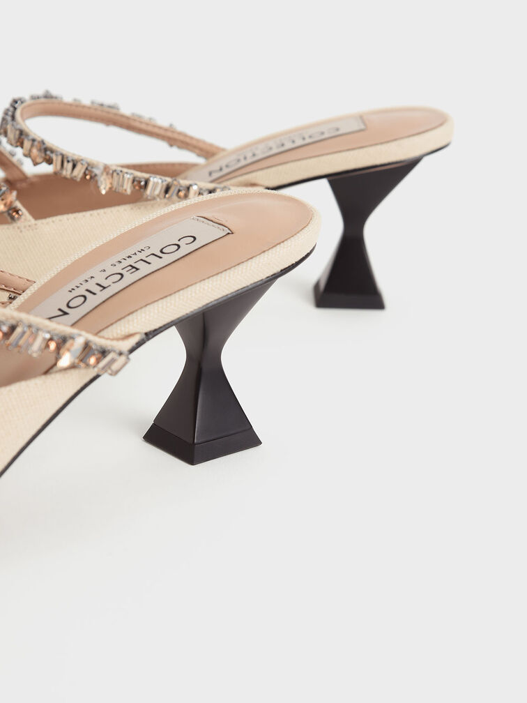 Canvas Double Gem Strap Mules, Beige, hi-res