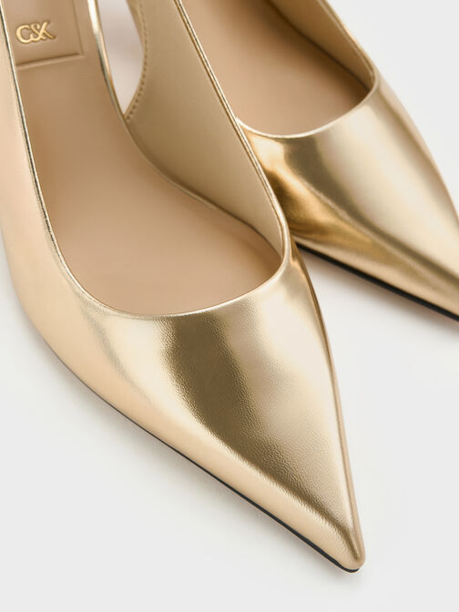 Cody Metallic Leather Pointed-Toe Kitten-Heel Slingback Pumps, Gold, hi-res