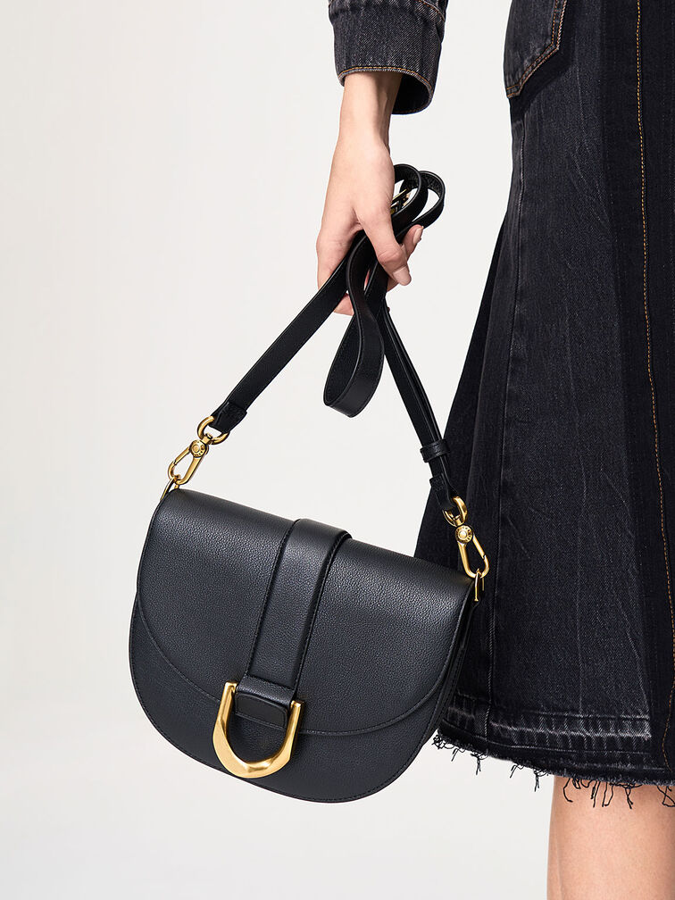 Charles & Keith Charles Keith Black Saddle Bag With Gold Chain Detail - $56  - From Emmy