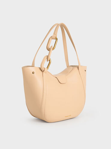 Bolso tote Kora con detalles metálicos, Beige, hi-res