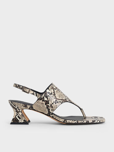 Snake-Print Wide-Strap Heeled Thong Sandals, Animal Print Natural, hi-res