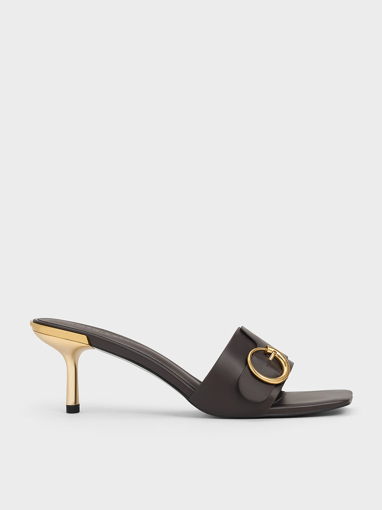 Metallic-Accent Buckled Square-Toe Mules, Dark Brown, hi-res