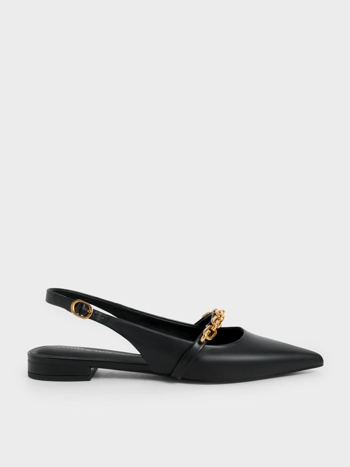 Black Chain-Link Strap Slingback Flats 
